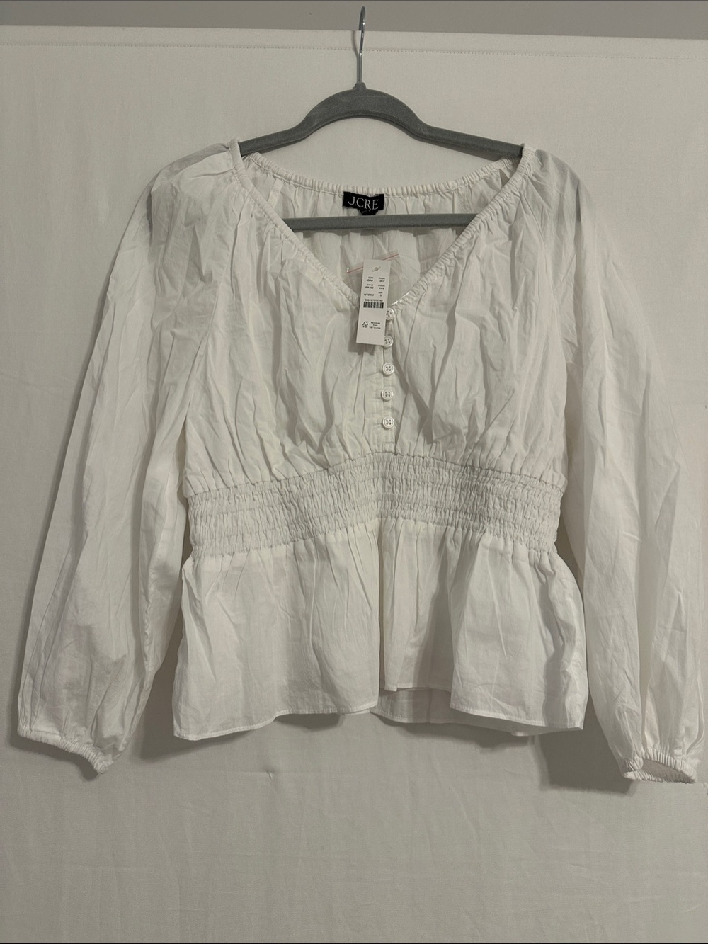 NWT J. Crew White Peasant Blouse with Smocked Waist